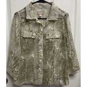 CHICO'S Women Button Up Lace Top Pockets Snake Print Beige Shirt 0 (Small) Sheer